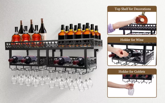 2 Tier  Wall Mounted Wine Glass Rack Metal Holder Stemware Storage Hanging Shelf