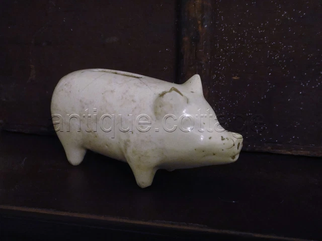 antique white PIGGY BANK yelloware still primitive 5.25x2.5" primitive aafa pig