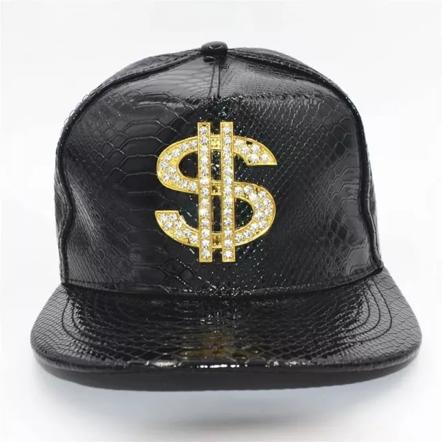 Casquette Noire Bling Bling Dollar Ajustable Faux Cuir Style Peau  Crocodile