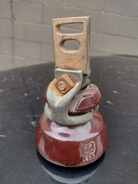 PP INC 1953 Large Brown 4-3/4" Vintage Ceramic Insulator with brass mount clasp