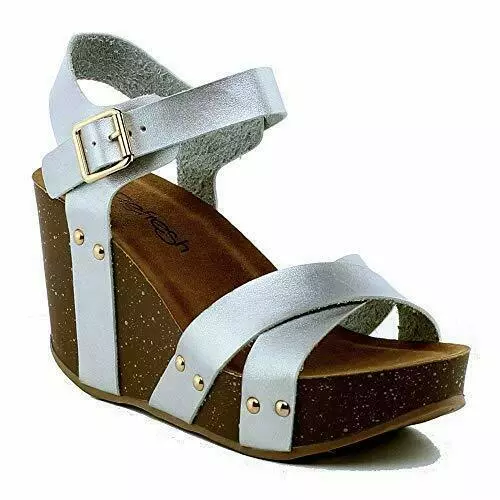 Refresh Mara-05 Silver Vegan Leather Open Toe Platform Wedge Footbed Sandals