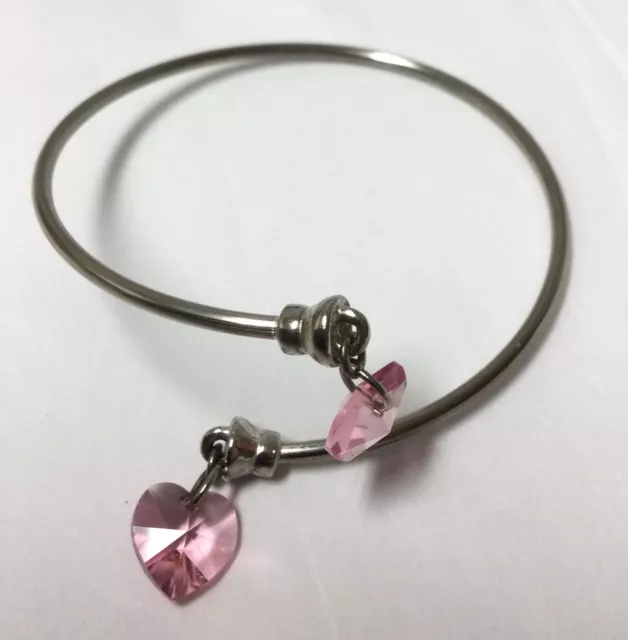 Silver-Tone Double Pink Heart Crystal  Bangle Bracelet