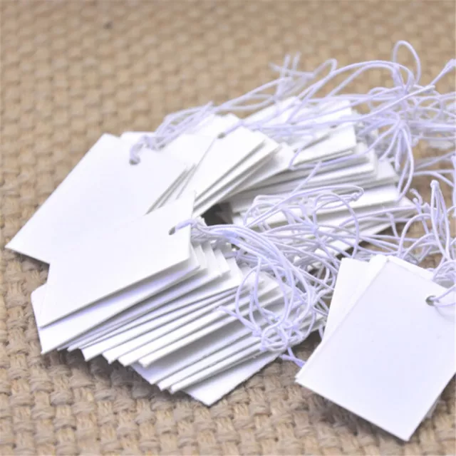 White Tags with String Attached - #1, 2 3/4” x 1 3/8”, Box of 100 Hang Tags  with White String and White Reinforced Eyelet, String Tags