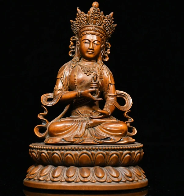7.08" China Box-Holz Handgravur Tibetischer Buddhismus Kwan-yin Tara Statue