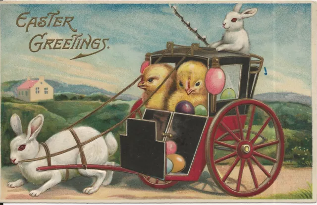 Easter Greeting, embossed anthropomorphic chicks & rabbits, postcard