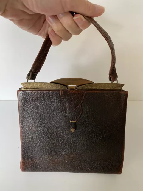 Art Nouveau Antique Edwardian Leather Dark Burgundy Gold Gilt Purse Hide Bag