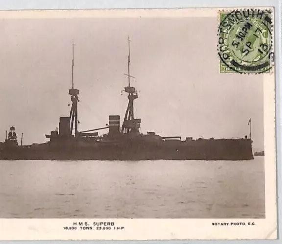 GB NAVAL Postcard *HMS SUPERB* Real Photo KGV View Side 1913 Portsmouth CDS PF29