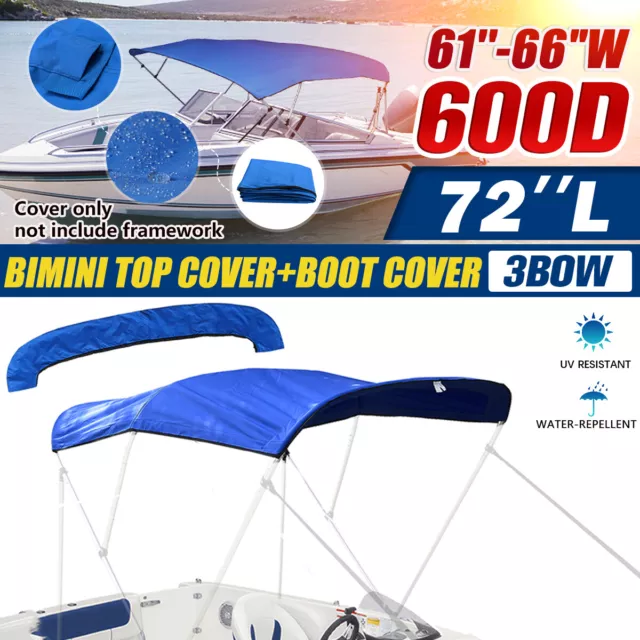 Bimini Top Boat Cover Fabric Replacement Blue with Boot Fits 3 Bow 61''-72''W