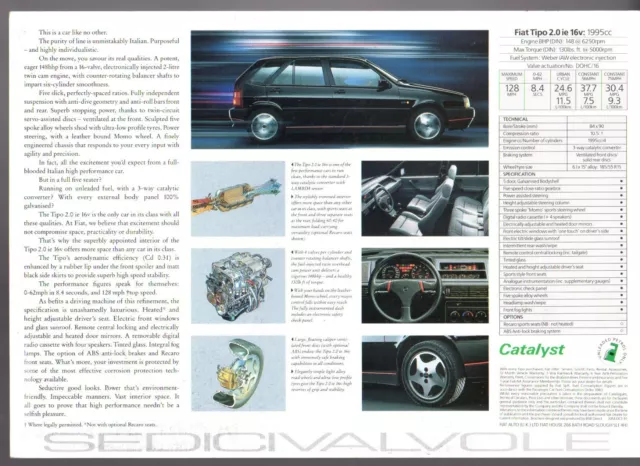 Fiat Tipo 2.0 Sedicivalvole 16 V 1991-92 UK Markt Einzelblatt Verkaufsbroschüre 2