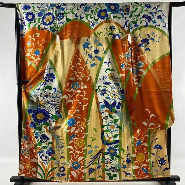 Japanese Kimono Furisode Pure Silk Long-Tailed Fowl Flower Embroidery Orange