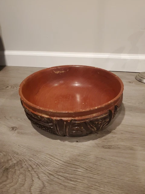 Vintage Hand Carved Large Wooden Round Serving Bowl 12" W x 4" T