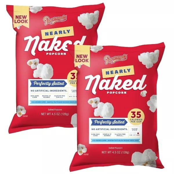 Popcornopolis Nearly Naked Gourmet Popcorn PERFECTLY SALTED Snack 4.5 oz 2 Bags