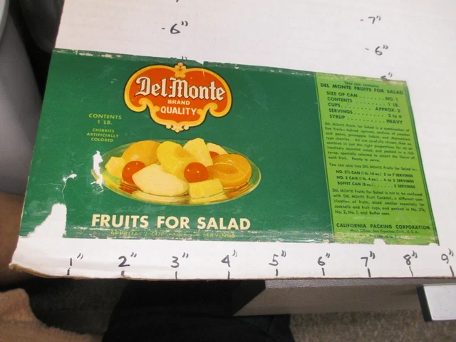 DEL MONTE fruit cocktail salad 1930s metal tin can food paper label 1lb damage