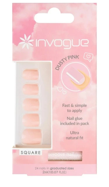 100 x 24 piezas uñas cuadradas rosa polvorientas Invogue rápidas y fáciles de aplicar