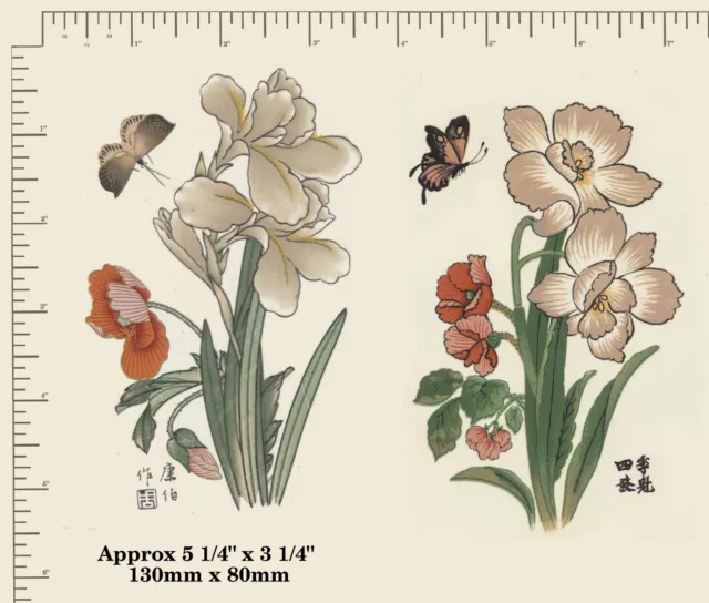 2 x Waterslide ceramic decal Decoupage Oriental Floral 3 1/2" x 2 1/2 PD855