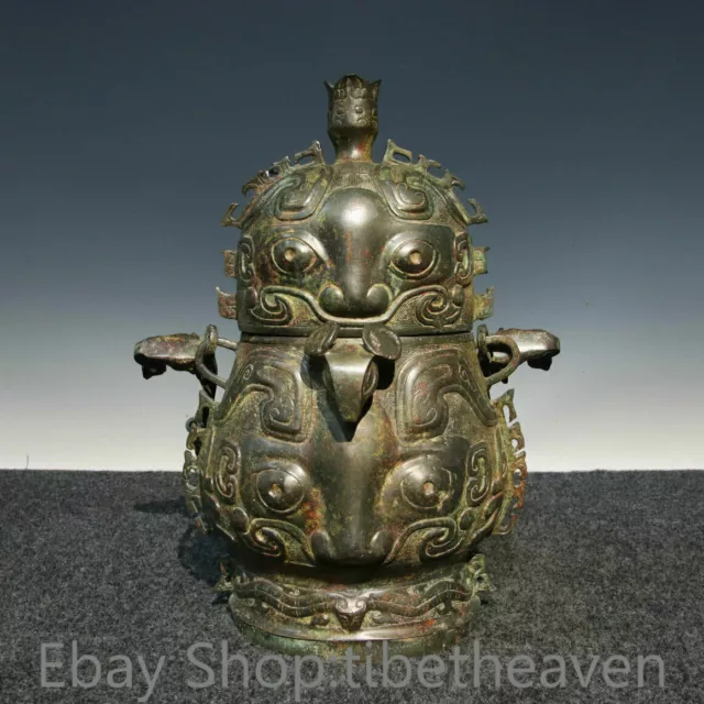 15.2" Old Chinese Bronze Ware Dynasty Palace Beast Face Portable Wine Vessel