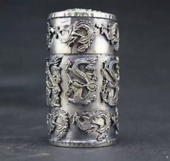 Chinese DECORATED HANDWORK OLD MIAO SILVER CARVED DRAGON PHOENIX Jewelry Box