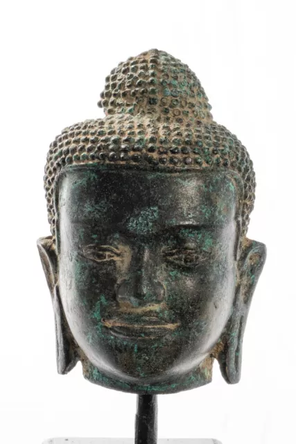 Antique Thai Style Mounted Dvaravati Bronze Buddha Head Statue - 19cm/8"