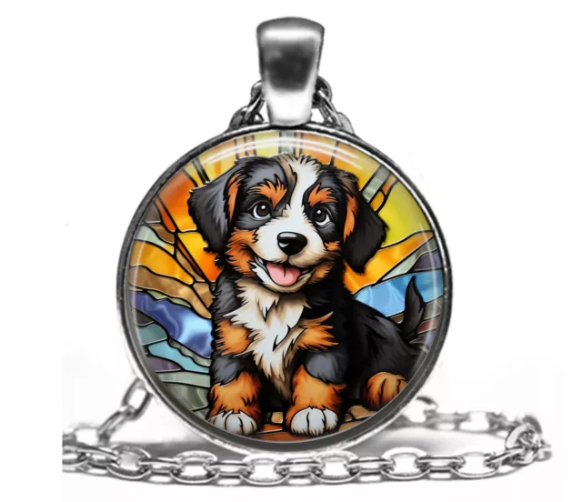 Faux Stained Glass Bernese Mountain Dog Mom Puppy Lover Gift Pendant Necklace