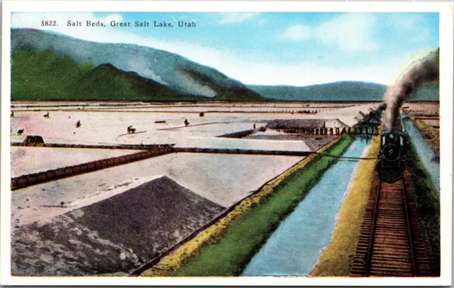 Great Salt Lake UT-Utah, Salt Beds, Railroad Vintage Postcard
