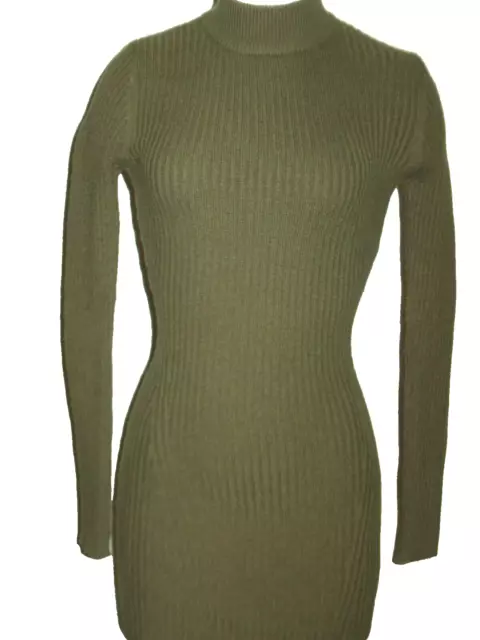 Michael Kors Olive Green Wool & Cashmere Ribbed Mock Turtleneck Sweater Dress Xs