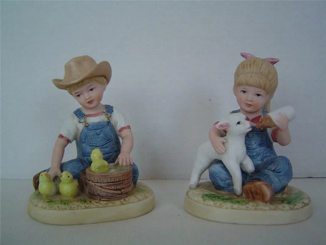 Vtg Denim Days "NEW BEGINNINGS" Figurines Boy/Girl Feeding Lamb & Ducklings 1500