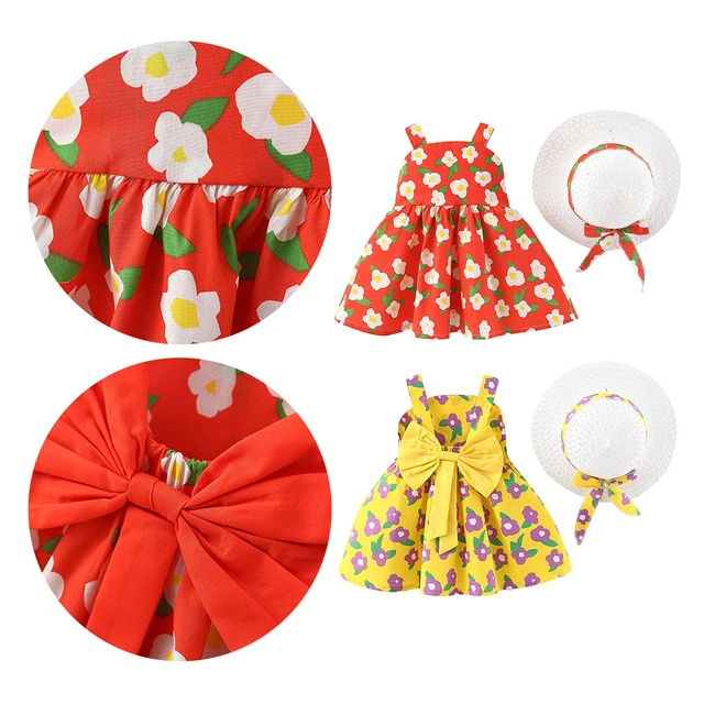 Toddler Girls Flower Dress Set Outfit Dress with Straw Hat Beach Holiday Skirt