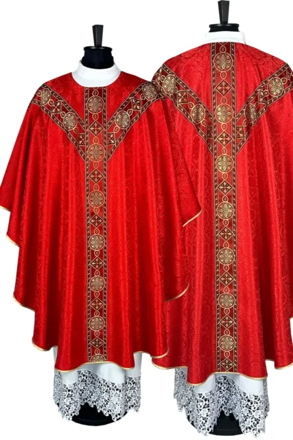 CHASUBLE red Semi Gothic style vestment, damask, woven orphrey