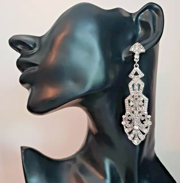 Long Silver Plated Clear White Crystal Art Deco Gatsby Formal Statement Earrings