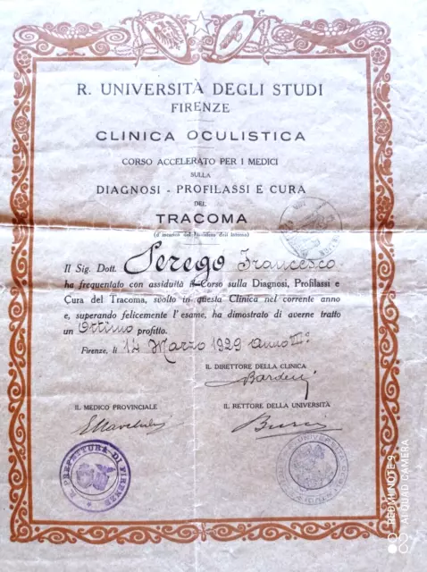 Universita Firenze Clinica Oculistica Diploma Corso Perego Francesco 1929