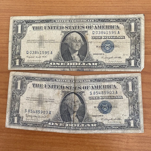 SET OF TWO: One Dollar Blue Seal Note $1 Silver Certificate: 1957-A, 1957-B