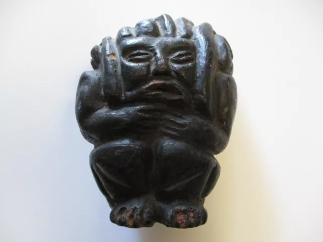 Antique Relic Head Pre Colombian Carving Sculpture Large 4" Crouched Man Iconic