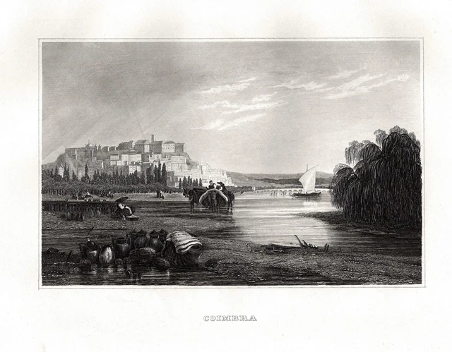 Coimbra Portugal Aspecto Grabado de Acero Steel Grabado View Grabado 1840