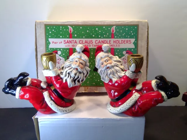 Vintage Made in Japan Ceramic Christmas Large Santa Claus Candle Holders W/Box