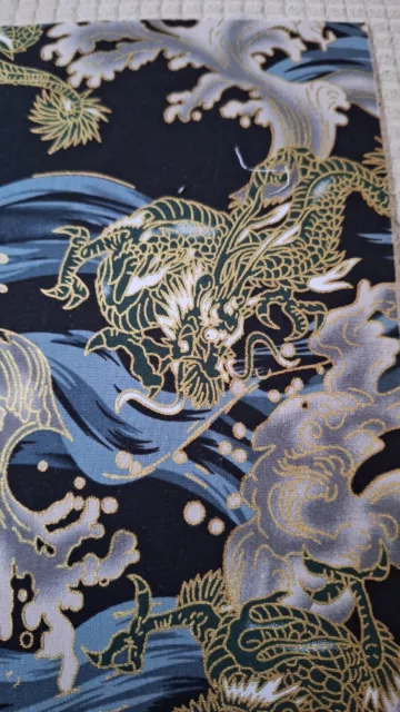 🐲Stunning  Chinese Dragon/Wave Print On Black Cotton, Shiny Gold,Approx 20X25Cm 3