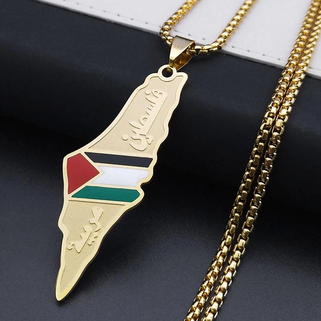 Palestine Map Flag Necklace Plated Stainless Steel Pendant with National Colors (Unisex)