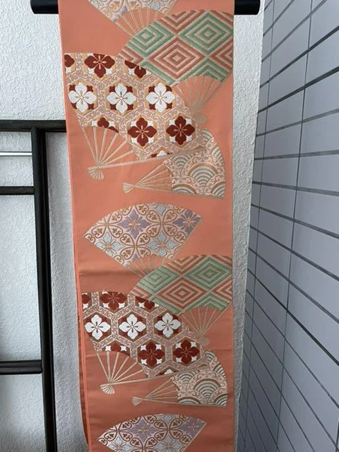 Fukuro OBI fan pink cute embroidery for Japanese Kimono Belt Unused #72