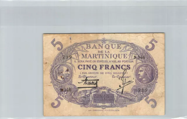 Martinique 5 Francs Law 1901 (1934) N.346 N° 219 Pick 6