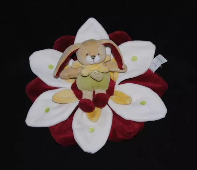 DOUDOU ET COMPAGNIE lapin plat rouge jaune blanc blanc fleur pétales NEUF