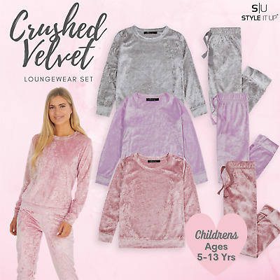 NEW Girls Kids Crushed Velvet Tracksuit Velour Soft Loungewear Sleep PJs Pyjamas