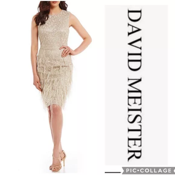 David Meister Champagne feather lace midi dress