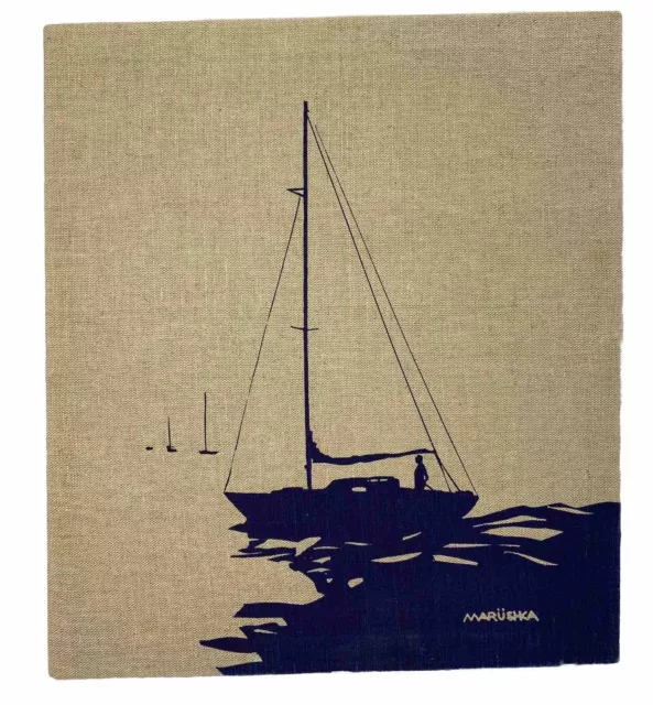 MARUSHKA Vintage Screen Print Canvas Linen Textile Art, Sailboat BOAT 14x16"