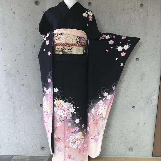 Japanese Kimono Pure Silk Long-sleeved Kimono Furisode 169.5cm Floral Black/Pink