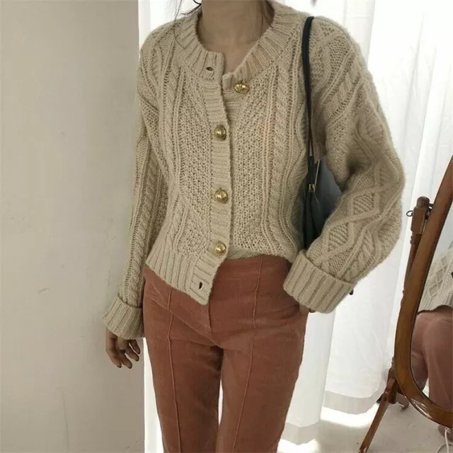 Lady Casual Knitted Sweater Cardigans Rib Coat Bottons Jumper Retro Fashion Soft