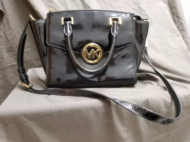 Michael Kors Hudson Black Patent Leather Medium Satchel Crossbody Handbag