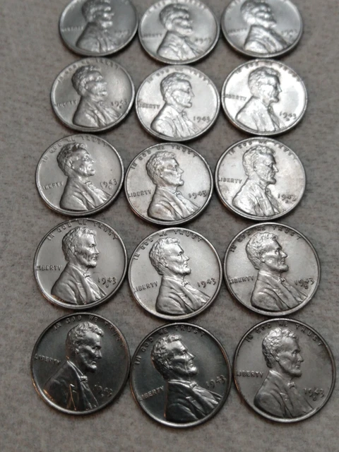 1943 P D S Lincoln Steel Wheat Cent Penny Set of 9 Coins.    From Roll Lot # 50