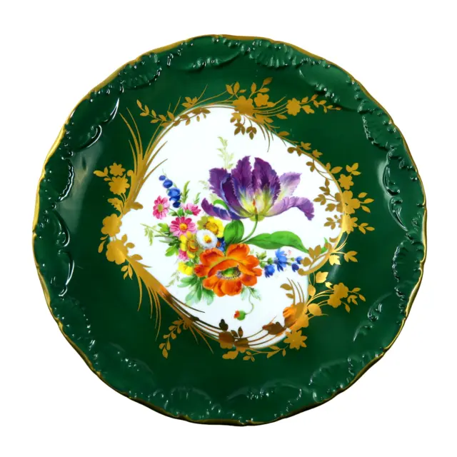 Vintage LIMOGES 10.5" Plate Hand Painted Floral Hunter Green & Gold Accents
