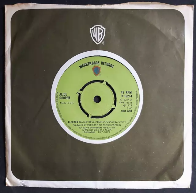 ALICE COOPER : Elected / Luney Tune - Warner Bros 1972 UK 7", A1/B1 orig press