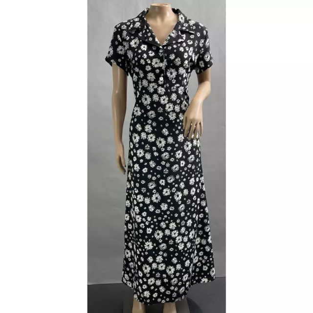 Jody California Vtg 90s Dress Women 13/14 Black Floral Maxi Button Tie Waist