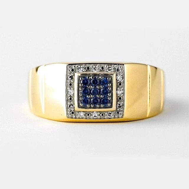 0.20 Ct Genuine Sapphire & Diamond Men's Engagement Wedding Ring 14K Yellow Gold